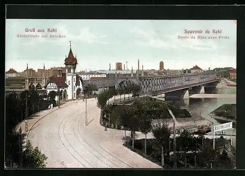 AK Kehl, Rheinstrasse mit Brücken