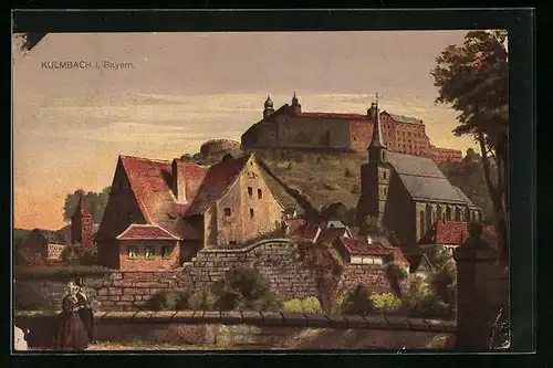 Künstler-AK Kulmbach, Ortspartie mit Kirche