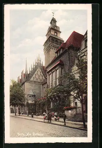 AK Zeitz, Rathaus mit Kindern und Strassenpartie