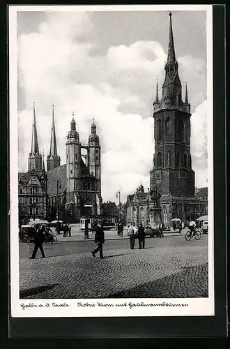 AK Halle a. S., Strassenpartie mit Turm und Strassenbahn