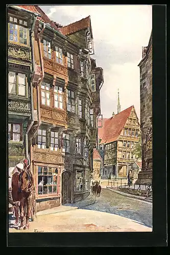 Künstler-AK Alt-Hildesheim, Andreasplatz mit Häuseransichten