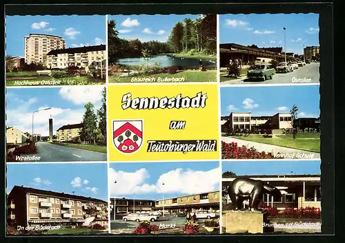 AK Sennestadt a. Teutoburger Wald, Ostallee, Westallee, Markt, Brunnen i. d. Südstadt