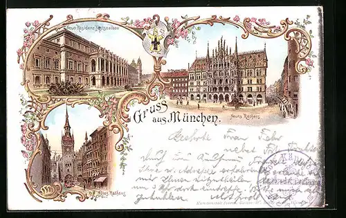 Lithographie München, Neue Residenz. Festsaalbau, Neues und altes Rathaus