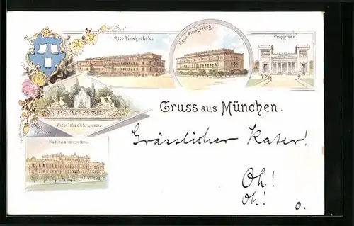 Lithographie München, Alte und Neue Pinakothek, Wittelsbachbrunnen