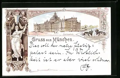 Lithographie München, Wittelsbachbrunnen mit Justizpalast