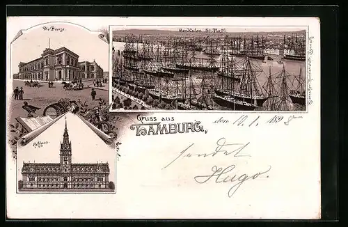 Lithographie Hamburg, Rathaus und Hafen St. Pauli
