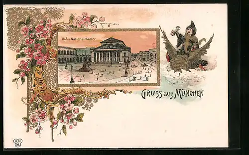 Lithographie München, Hof- und Nationaltheater, Münchner Kindl, Blumen