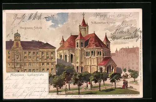 Lithographie München, Gallierplatz mit Bergmann-Schule und St. Rupertus-Kirche