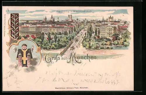 Lithographie München, Panorama vom Maximilianeum, Münchener Kindl