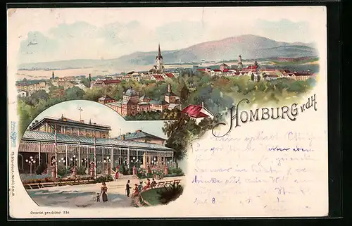 Lithographie Homburg v. d. H., Ortsansicht aus der Vogelschau, Kurgebäude