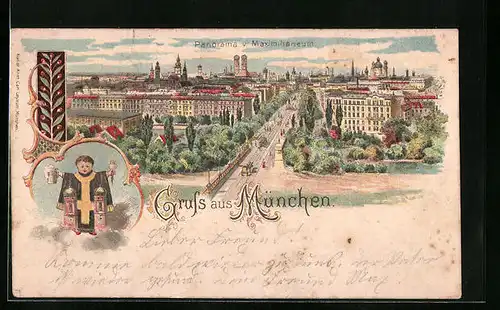 Lithographie München, Panorama vom Maximilianeum, Münchener Kindl