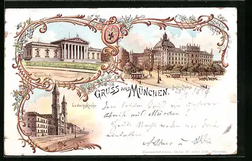 Lithographie München, Justiz-Palast, Ludwigskirche, Glyptothek