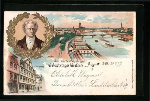 Lithographie Alt-Frankfurt, Portrait Goethe im Ehrenkranz, Goethehaus, Ortsansicht