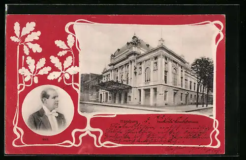 Präge-AK Hamburg-St.Georg, Deutsches Schauspielhaus, Portrait, Eichengirlanden