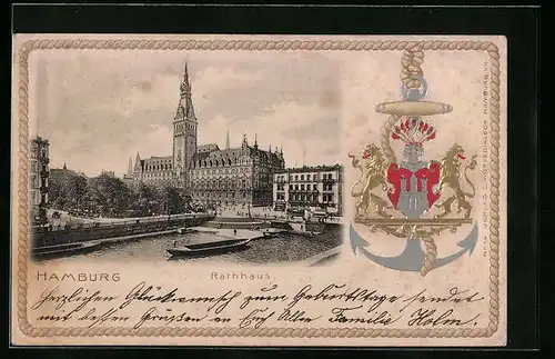 Künstler-AK Hamburg, Rathhaus, Stadtwappen, Schiffstau