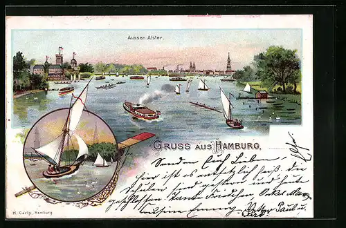 Lithographie Hamburg, Aussen-Alster, Segelboot