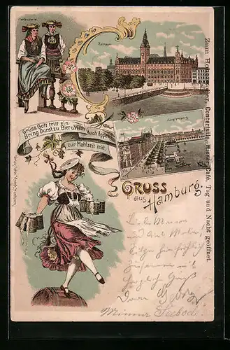 Lithographie Hamburg, Jungfernstieg, Rathaus