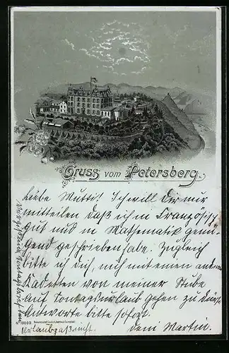 Mondschein-Lithographie Petersberg, Hotel im silbernen Mondlicht