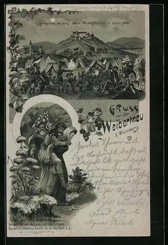 Mondschein-Lithographie Weinsberg, Belagerung der Burg Weibertreu durch Kaiser Conrad III.