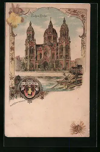 Lithographie München, Lukas Kirche, Münchner Kindl, Trockenblumen