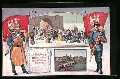 Künstler-AK Hamburg, Karte zur Märzfeier 1813 - Soldaten mit Landeswappen auf Fahne, Volk an Stadttor