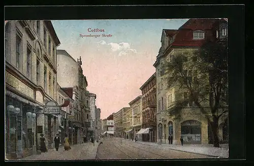AK Cottbus, Spremberger Strasse mit Cigarrengeschäft