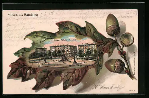 Passepartout-Lithographie Hamburg, Kaiser Wilhelm-Denkmal im Eichenblatt