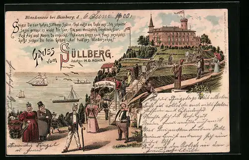 Lithographie Blankenese bei Hamburg, Süllberg mit Ausflüglern