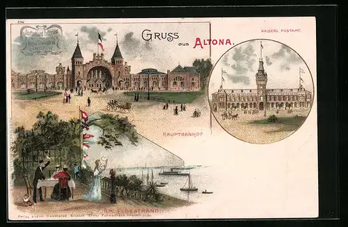 Lithographie Altona, Hauptbahnhof, Am Elbestrand, Kaiserl. Postamt