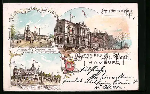 Lithographie Hamburg-St. Pauli, Hotel Central am Spielhuderplatz, Hornhardt`s Concertgarten