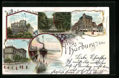 Lithographie Hamburg-Neustadt, Am Sand, Stadttheater, Dampfschiff