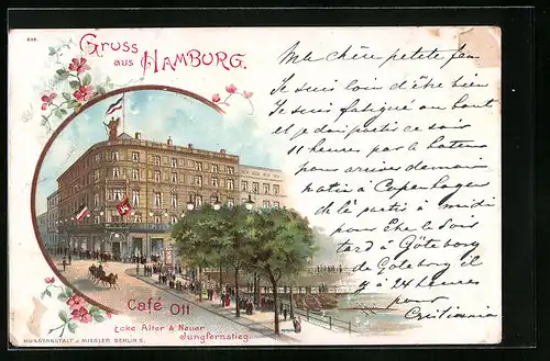 Lithographie Hamburg, Café Ott, Ecke Alter und Neuer Jungfernstieg