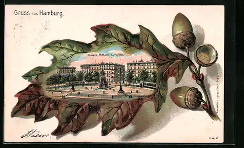Passepartout-Lithographie Hamburg, Kaiser Wilhelm-Denkmal im Eichenblatt