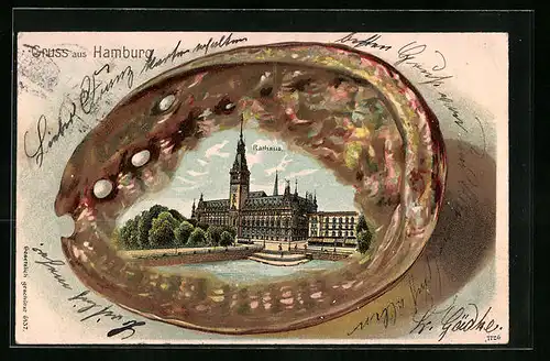 Passepartout-Lithographie Hamburg, Rathaus in der Muschel