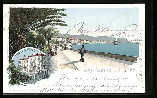 Lithographie San Remo, Hotel Central, Promenade