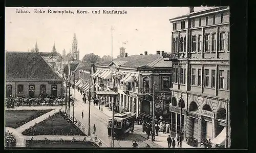 AK Libau, Ecke Rosenplatz, Korn- und Kaufstrasse, Strassenbahn