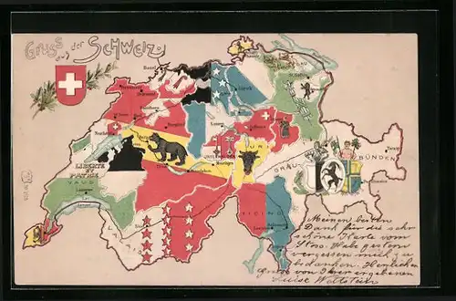 Künstler-AK Schweiz, Landkarte mit Burgdorf, Interlaken und Schwyz, Wappen
