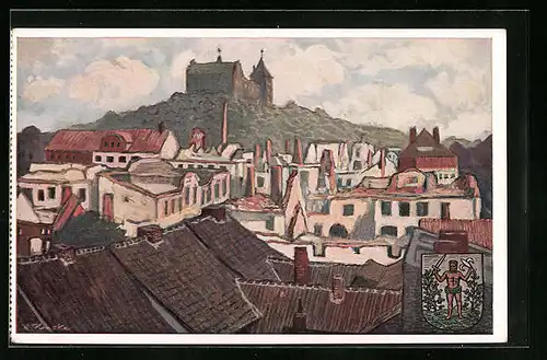 Künstler-AK Neidenburg, Ordensschloss und Trümmer