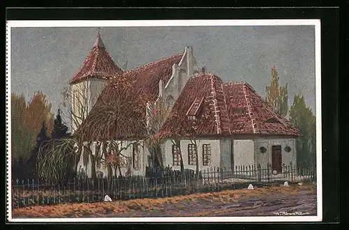 Künstler-AK Narzym, Pfarrkirche von der Strasse gesehen