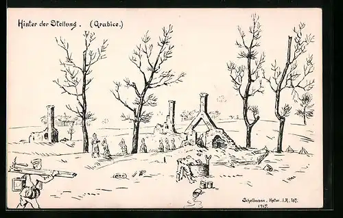 Künstler-AK Grabice, Hinter der Stellung, Deutsche Soldaten und Ruinen