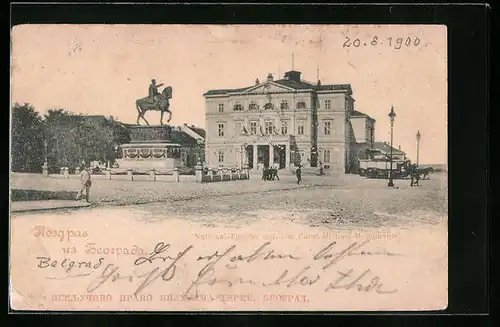 AK Belgrad, National-Theater mit dem Fürst Michael-Monument