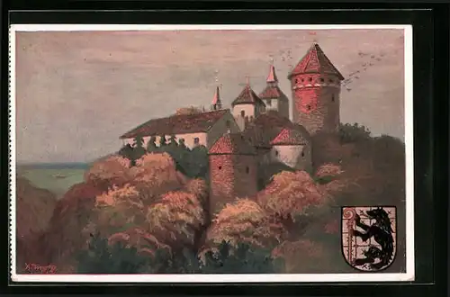 Künstler-AK Rössel, A. Kraska, Burg und Pfarrkirche mit Wappen