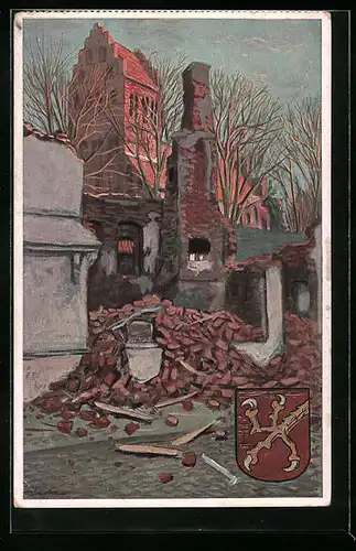 Künstler-AK Domnau, A. Kraska, Kirche mit Trümmern und Wappen