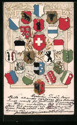 Präge-AK Zürich, Schweizer Wappen, Luzern, Bern, Uri, Basel