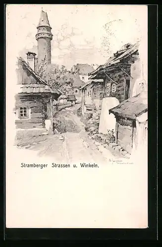 Künstler-AK Stramberg /Mähren, Strasse mit Turmblick