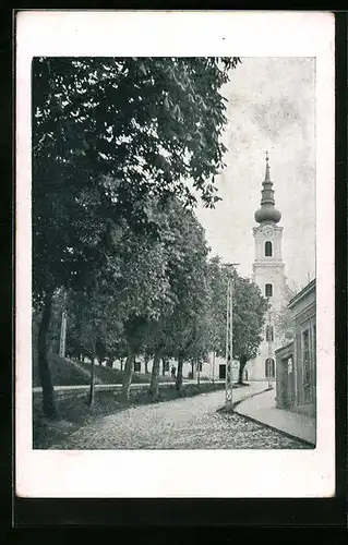 AK Vukovar, Strassenpartie mit Kirchblick