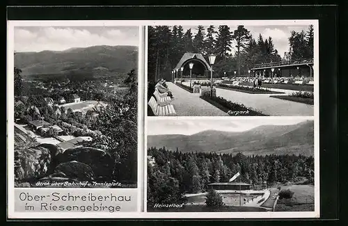 AK Ober-Schreiberhau i. Riesengebirge, Kurpark, Heinzelbad, Blick über den Bahnhof