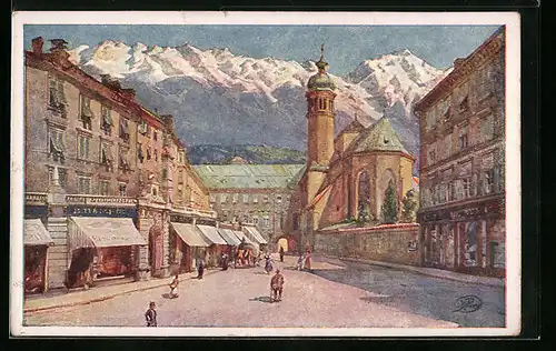 Künstler-AK Innsbruck, Burggraben mit Kirche
