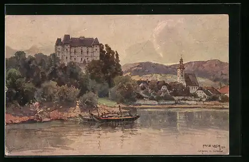 Künstler-AK Grein /Donau, Flusspartie mit Schloss Greinburg