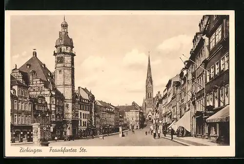 AK Ziebingen, Frankfurter Strasse mit Kirche